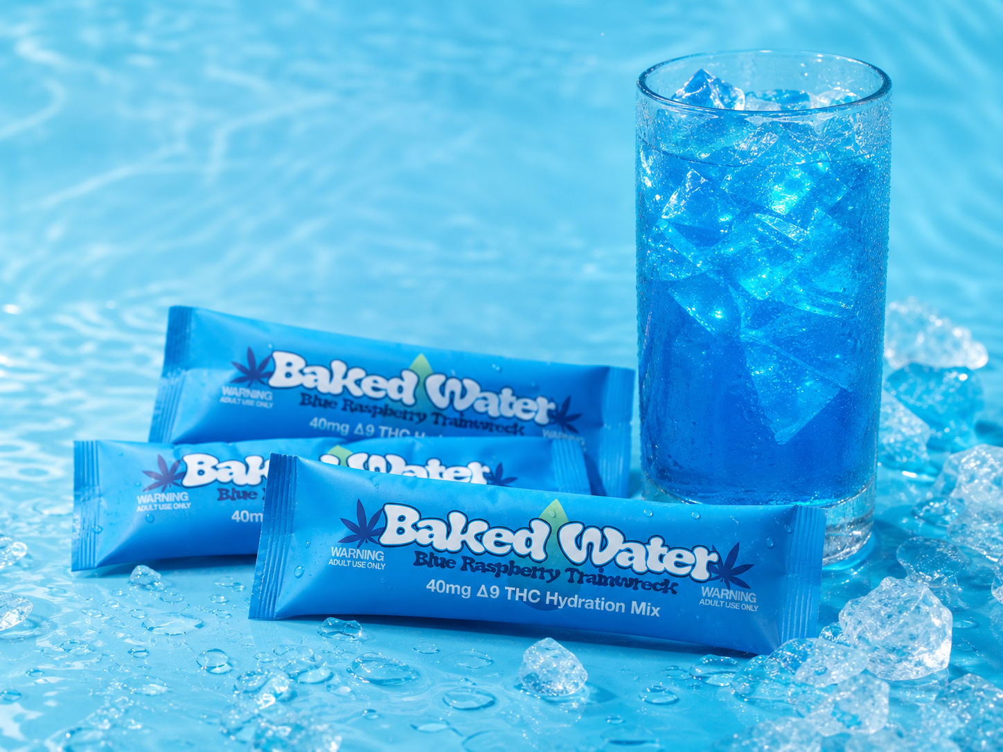 Baked Water Blue Raspberry Trainwreck packets beside a bright blue iced drink